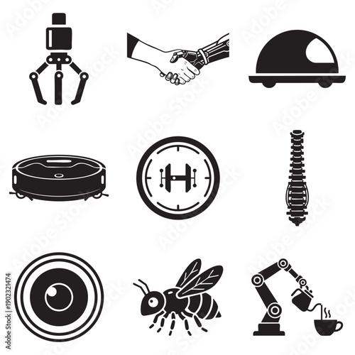 Future Robotics, Artificial Intelligence and Automation Technology Silhouette Icon Set Vector Illustration isolated white background, 