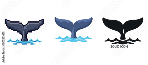 Whale tails: pixel art, vector, solid icon representations