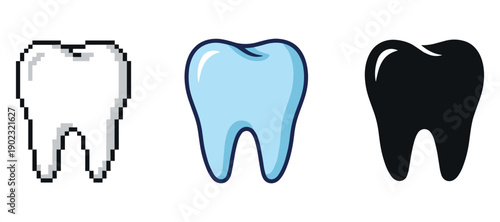 Pixelated, glossy, and silhouette tooth icons on white background