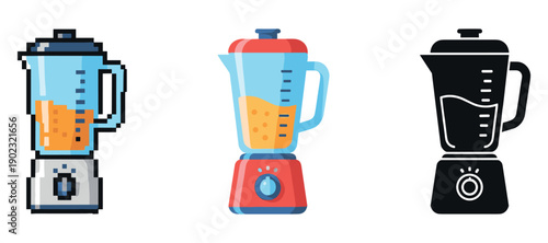 Pixelated, colorful, and silhouette blenders with orange juice in glass jugs