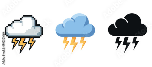 Pixel, flat, and silhouette thunderstorm clouds with lightning bolts