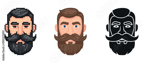 Three bearded male avatars featuring pixel, cartoon, and silhouette styles