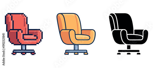 Pixel art, cartoon, and silhouette versions of office chair on white background