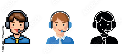 Cartoon call center operator icons with headsets and microphones in various styles