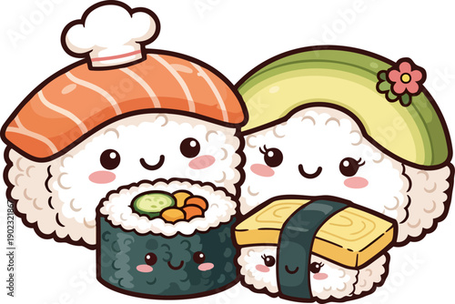 Adorable Kawaii Sushi Characters with Chef Hat and Flower.