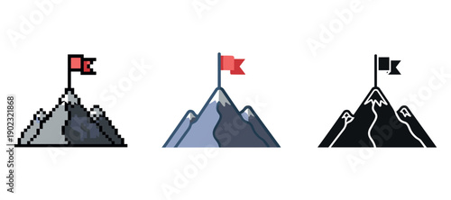 Pixel art and iconic mountain peaks with red flags on summit
