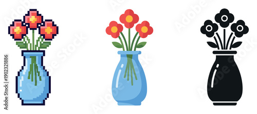 Pixel, cartoon, and silhouette flower vases on white background
