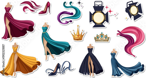 Collection of elegant evening gowns crowns high heels and stage lights stickers.