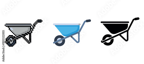 Pixel, flat, and silhouette wheelbarrow icons in different styles and colors