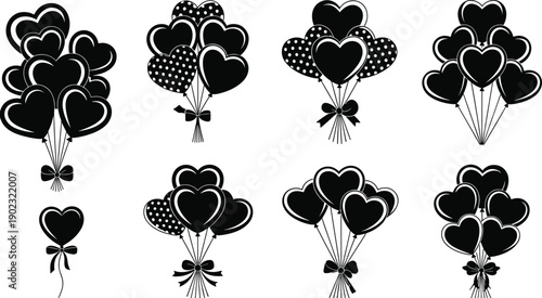 Romantic heart balloon vector illustration, black and white design with ribbon bows, festive decoration art, Valentine’s Day celebration, wedding love graphic pattern