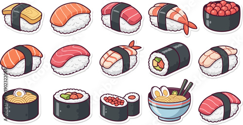 Delicious Assortment of Japanese Sushi and Ramen Dishes.