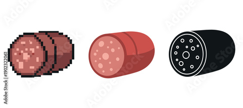 Collection of salami icons in pixelated, flat, and silhouette styles