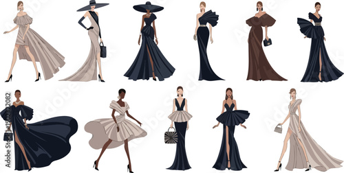 Fashionable women in elegant evening gowns and dresses showcasing various styles and silhouettes.