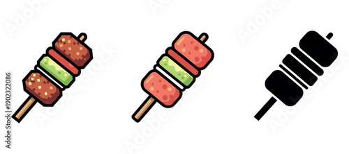 Colorful skewers collection: spiced meat and vegetables, vibrant, iconic, silhouette