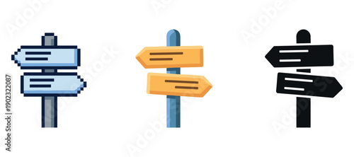 Colorful and simplistic directional signposts in various styles