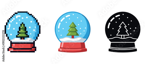 Pixelated, simple, and stencil snow globe designs with christmas trees