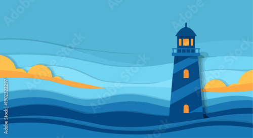 Lighthouse Guiding Ships Through Rough Ocean Waves at Sunset.