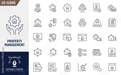 Property Management line editable icon set. Icons related to property, management, buying, selling, renting, house, maintenance, and more. Outline icon with Editable stroke. vector illustration