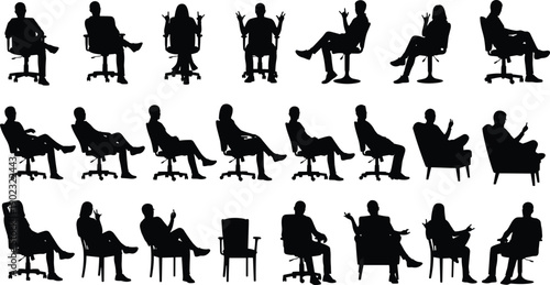 Seated people silhouette illustration, chair posture design, diverse sitting positions vector, body language artwork, office chair outline, ergonomic concept, minimal black graphic