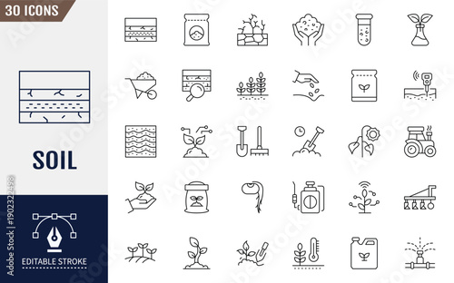 Soil line editable icon set. Icons related to Soil, ground, field, farming, and more. Outline icon with Editable stroke. Vector illustration