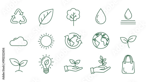 Sustainable Icons: A collection of meticulously crafted line icons representing core elements of environmental sustainability and eco-consciousness, promoting values of recycling, conservation.