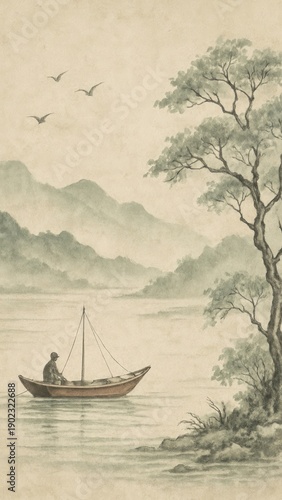 Serene landscape with boat.