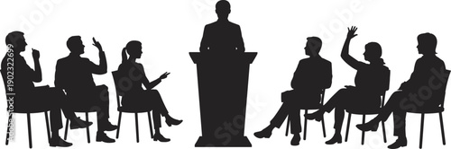 Silhouette of business speaker at podium with audience seated and asking questions, conference seminar discussion concept, corporate meeting presentation illustration isolated on white background.