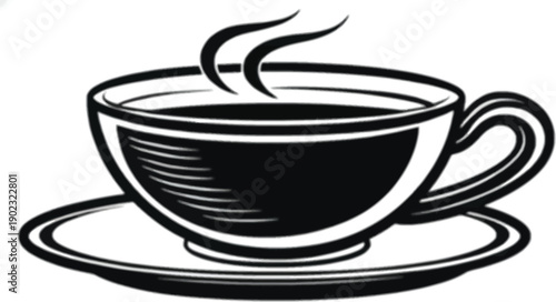 Cup of coffee and tea illustration with steaming mugs on saucers in a cozy cafe style vector design