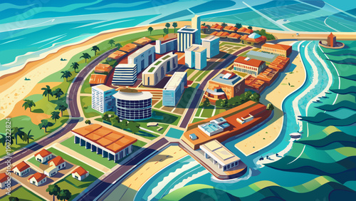 Very beautiful aerial view of Cotonou, showcasing coastal layout, urban density, and oceanfront development with clear copy space for editorial and design use.