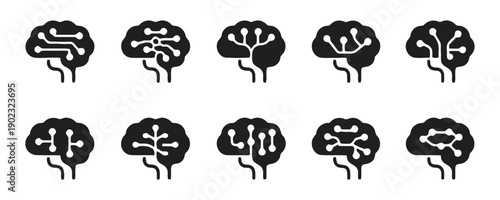 Artificial intelligence brain icons, neural networks, digital mind, technology and innovation symbols