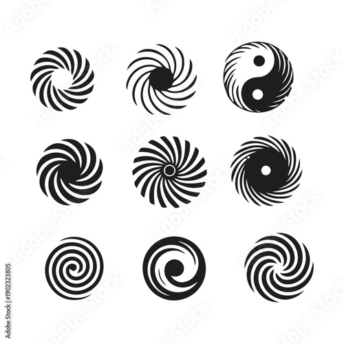 Abstract swirling patterns and yin yang symbol, circular motion graphics