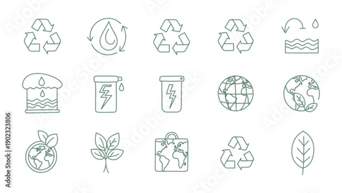 Eco-Friendly Symbol Set: A comprehensive collection of minimalistic icons representing crucial concepts, from water conservation and recycling to the planet's well-being.