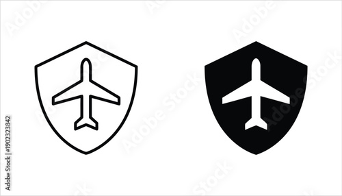 Airplane inside shield icon outline and filled black version simple aviation security symbol