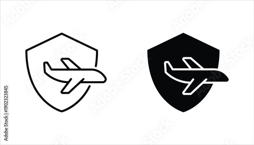 Airplane in shield icon outline and solid black, represents aviation safety and secure travel