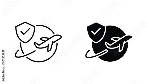 Airplane shield and check mark with orbit path icons, outline and filled black travel symbols