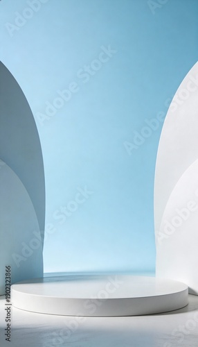 Wallpaper Mural Round white podium on sky blue background with curved side elements, minimalist 3D stage for product presentation and cosmetic mockup Torontodigital.ca