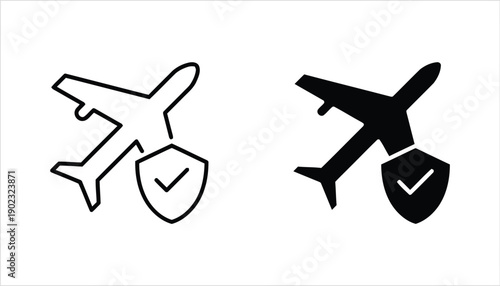 Airplane with shield and check mark icons, outline and solid black airline protection symbols