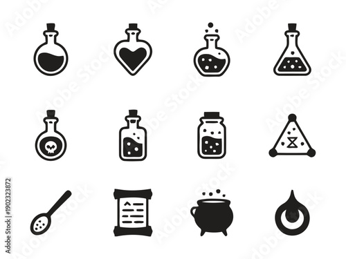 Alchemy symbols and magical potions, wizard and science icons