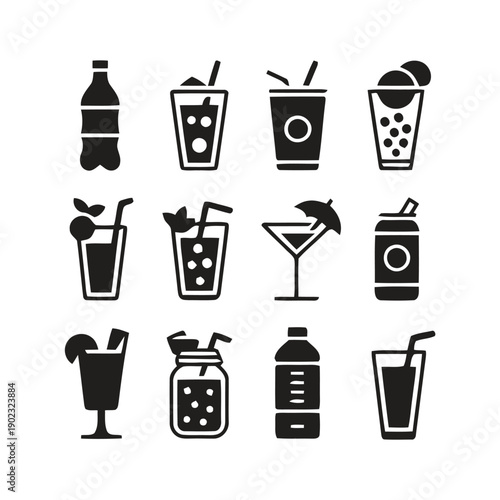 Assortment of beverage icons, bottles and glasses with drinks, refreshing summer refreshments
