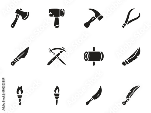 Ancient tools and weapons vector icons set