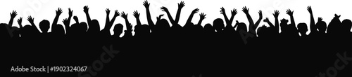 Silhouette of cheering crowd with raised hands, concert audience celebration, festival party concept, people cheering together, black and white crowd illustration isolated on white background.
