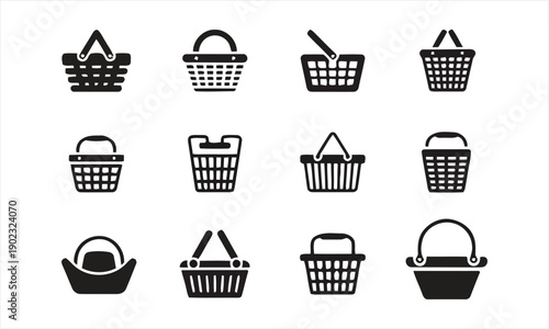 Assortment of shopping baskets, including wicker, plastic and modern designs for retail