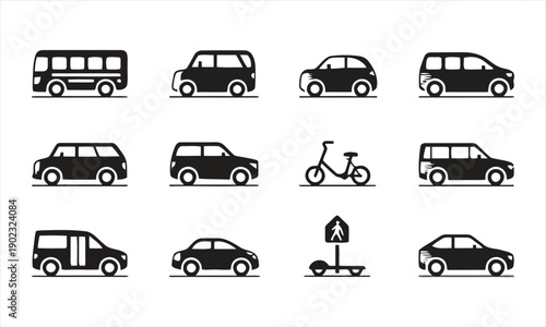 Assortment of transportation vehicles icons including cars bus and bicycle
