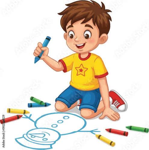 Little girl happily drawing and painting with colorful pencils