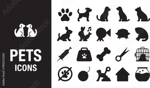 A comprehensive collection of black and white icons representing various pets and related items, perfect for design projects