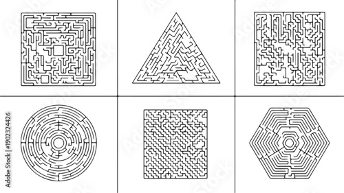 Diverse Geometric Mazes A Set of Six Intricate Labyrinth Puzzles in Various Shapes