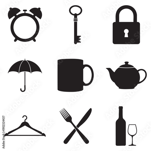 Household Objects and Daily Lifestyle Essentials Silhouette Icon Set Vector Illustration isolated white background, 