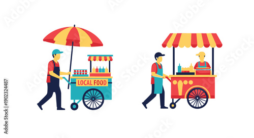 Street food vendors with colorful carts and umbrellas in a flat illustration