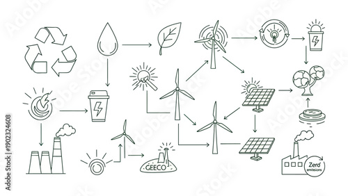 Green Energy Flow: An illustrated diagram showcases the sustainable journey of green energy sources, tracing their path from raw materials to powering a sustainable world.
