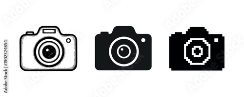 Three stylized camera icons in sketched, solid, and pixelated design
